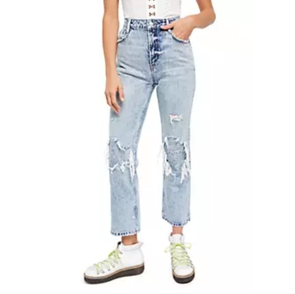 Free People We The Free My Own Lane Straight Leg Jeans Distressed Blue Size 30 - Picture 1 of 9